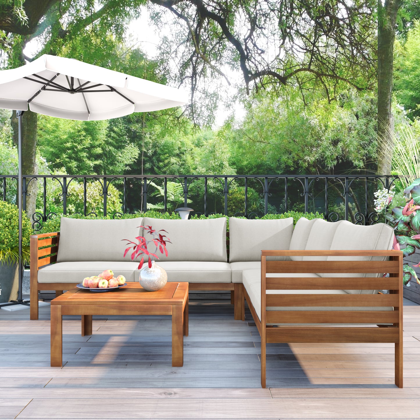 Wood Structure Outdoor Sofa Set With Beige Cushions Exotic Design Water-resistant And UV Protected Texture High Quality Acacia Wood Strong Metal Accessories