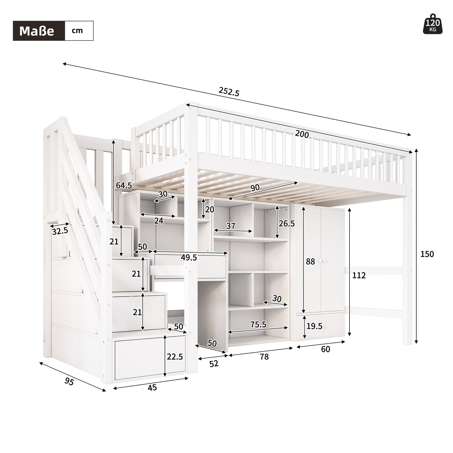 Crib, Single Bed, Multifunctional Crib ,With Desk&Stairs&Lockers&Wardrobe,Without Mattress,Solid Wood MDF, White, 90x200 OLD SKU 3221289012AAW