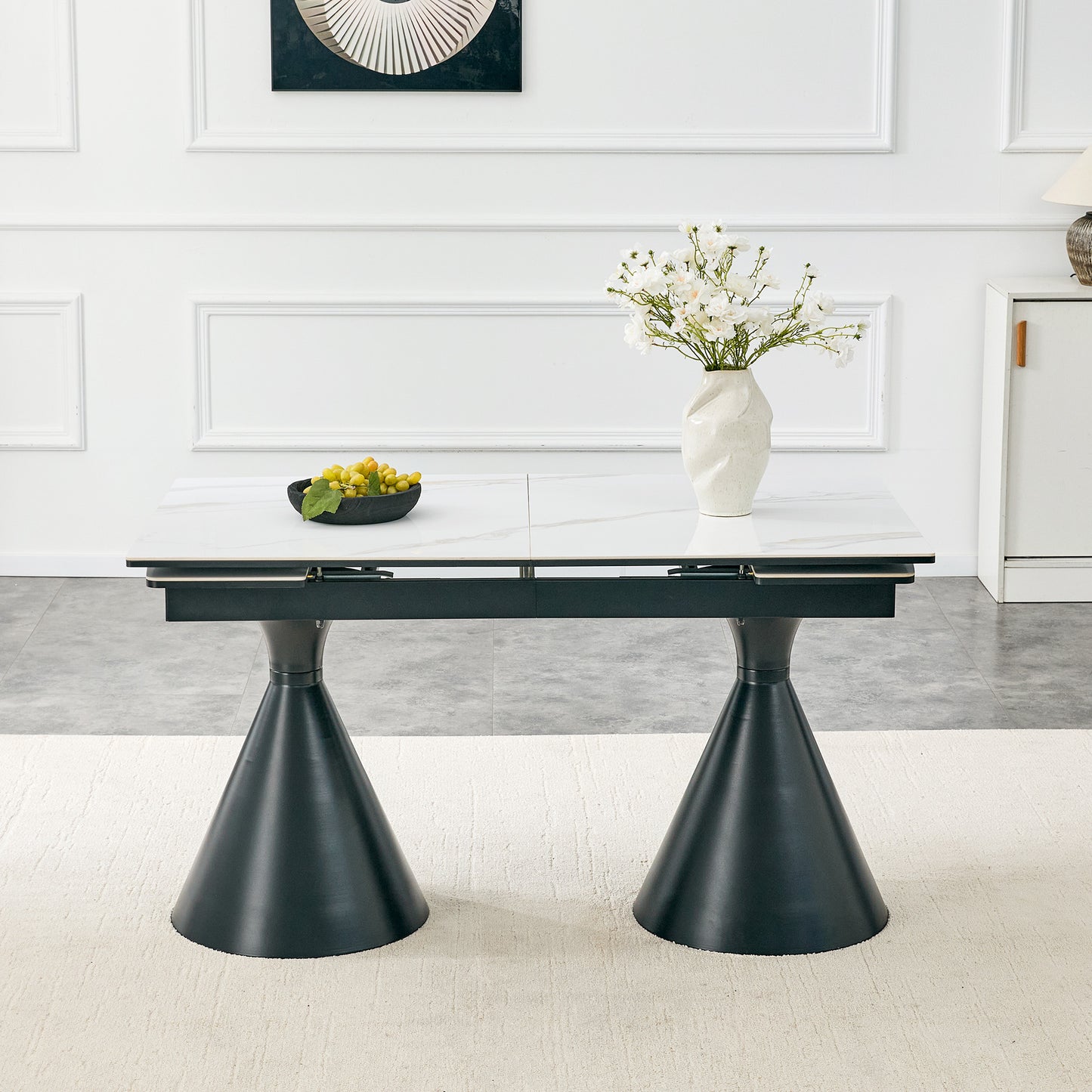 Extendable Stone-Top Dining Table White Marble-patterned Tabletop With Black Tapered Metal Legs. A Modern, Luxury-inspired Rectangular Dining Table For Home Use, Suitable For 4-8 People.