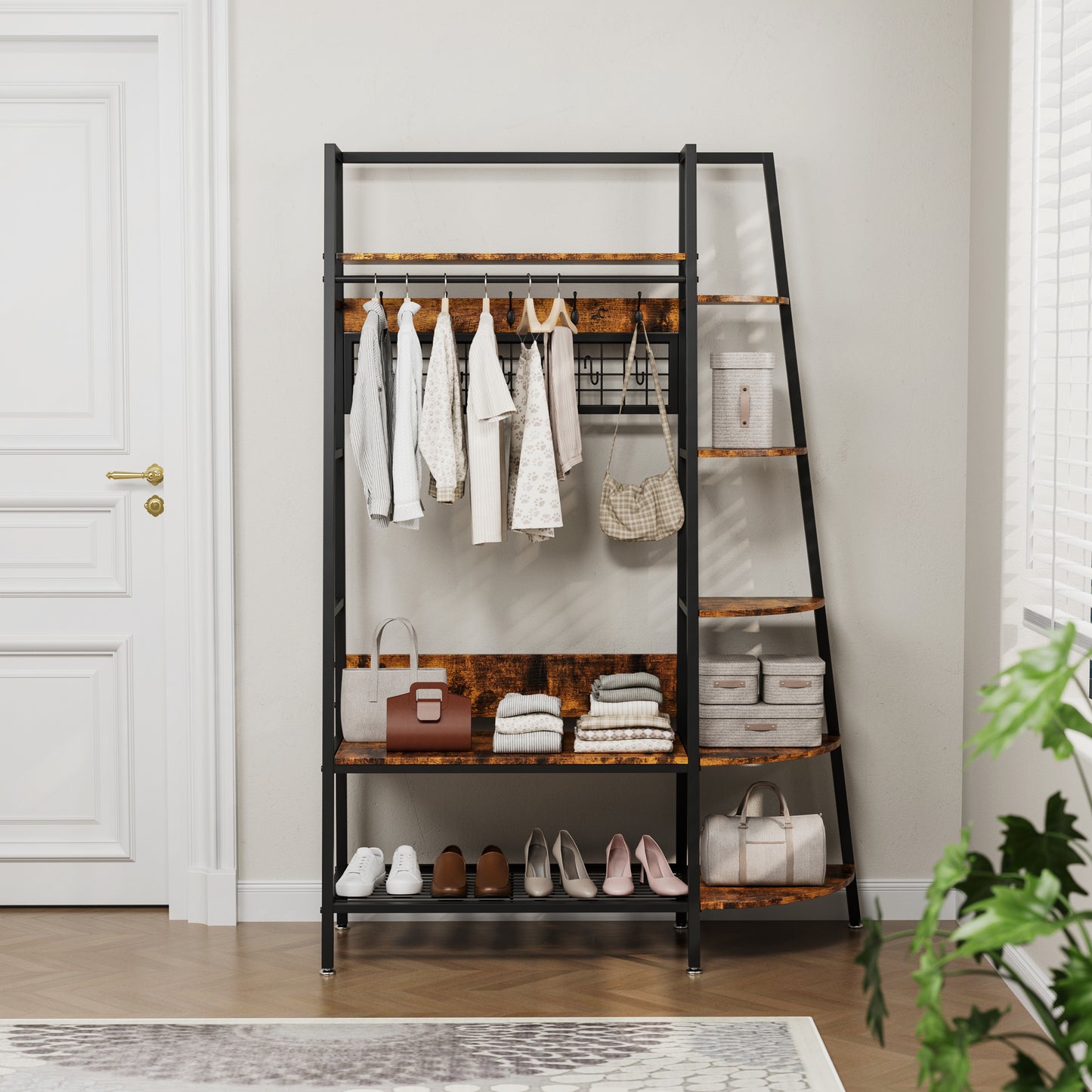 Industrial Style Freestanding Open Coat Rack With Shelves - Retro Brown Hanging Rack For Bedroom, Living Room & Home Office - Multi-Functional Clothes & Shoe Storage Organizer