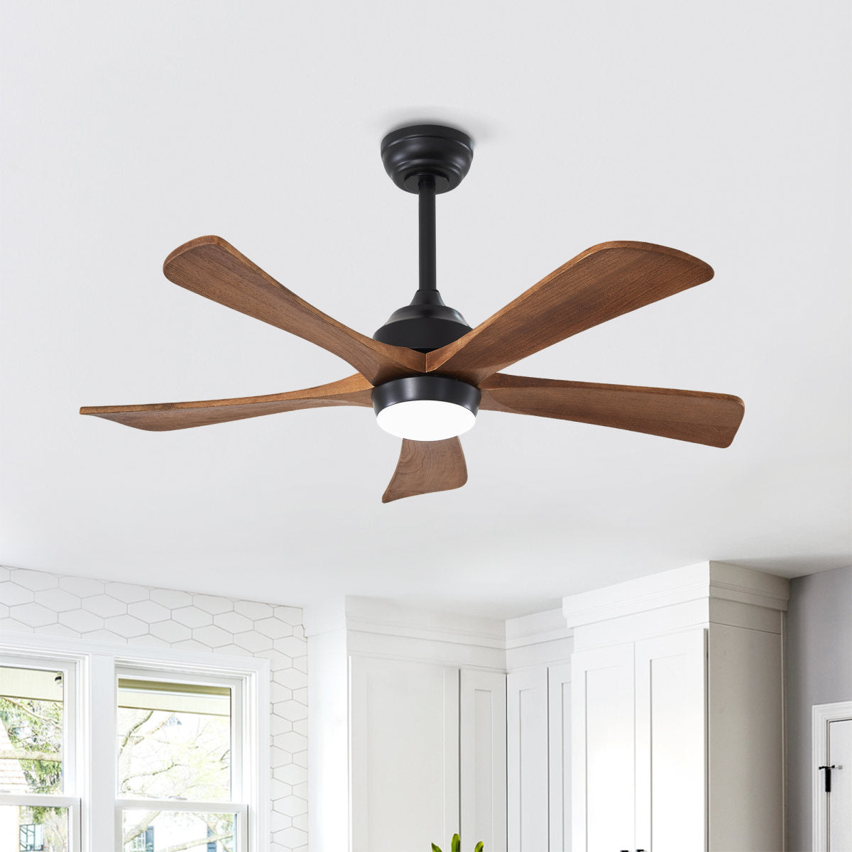 42  5PCS  Solid Wood Blades Ceiling Fan With Lights Remote Control,Quiet DC Motor 5 Blade Ceiling Fans 6 Speed Levels,Reversible Ceiling Fan,for Patio Living Room, Bedroom, Office,Indoor. Matte Black