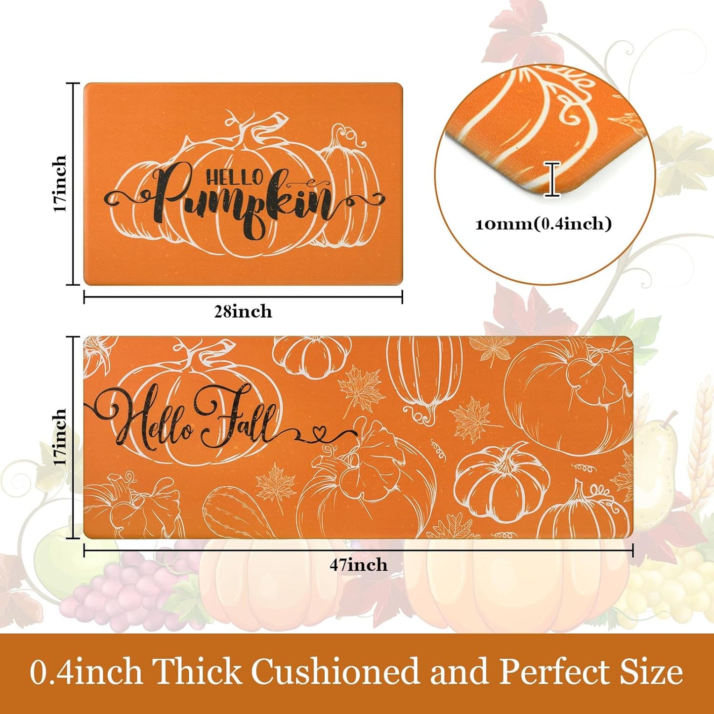 2Piece Anti Fatigue Kitchen Mat Seasonal Fall Holiday Party Vintage Farmhouse Kitchen Rug Runner Set For Home Office Non Slip Waterproof Heavy Duty Comfort Standing Mats