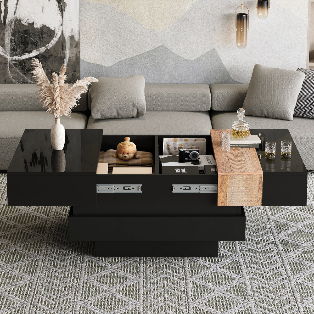 70x70x39cm Square Living Room Table,Extractable Coffee Table With Hidden Storage,Color Block Design Tea Table,High Gloss Living Room Side Table,Black,MDF