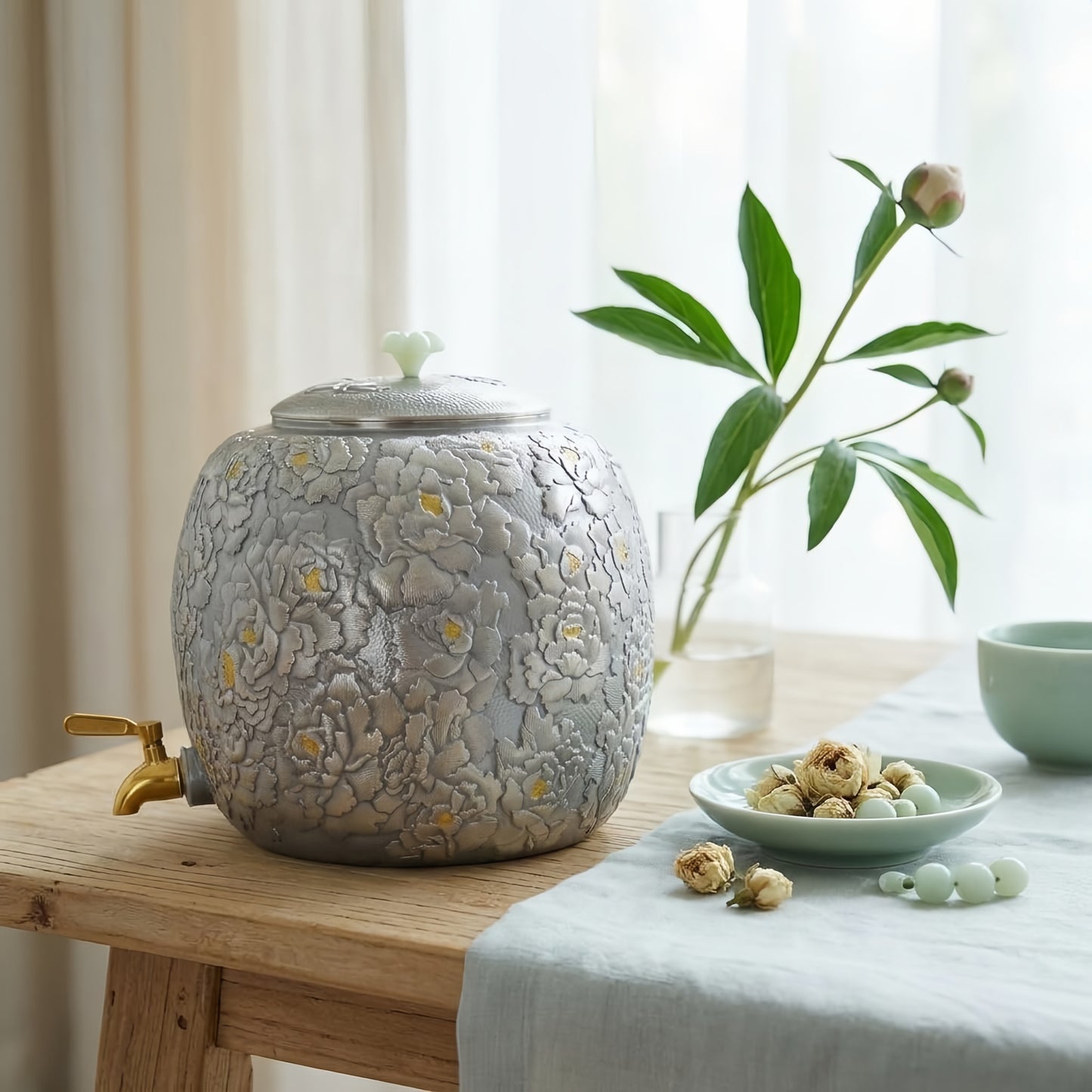 Pure 999 Fine Silver Luxurious  Floral Tea Caddy with Gold Accents-Premium Water Tank - Handicraft