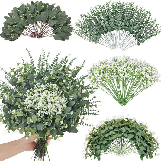 120 Pieces Of 4 Different Types Of Mixed Eucalyptus Branches, Gypsophila Flowers, Artificial Flowers, And Branches For DIY Bouquets, Weddings, And Home Floral Decorations