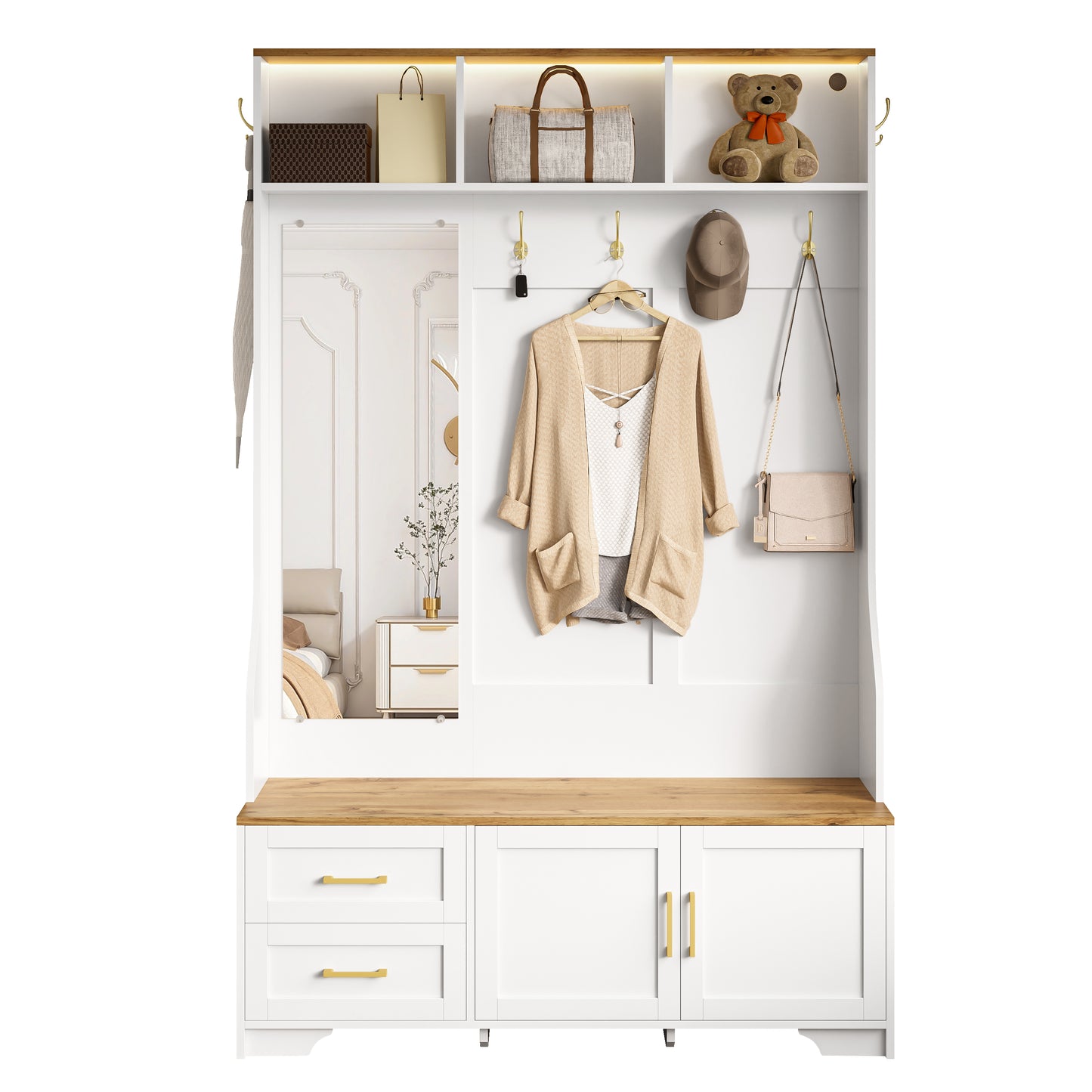 Multifunctional Hallway And Shoe Cabinet With LED Lighting, Mirror, Hooks And Drawers  Modern Wardrobe For Entrance Area & Hallway With Storage Space And Seating Area