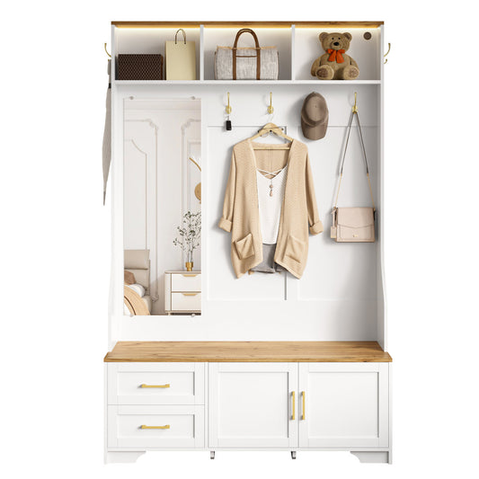 Multifunctional Hallway And Shoe Cabinet With LED Lighting, Mirror, Hooks And Drawers  Modern Wardrobe For Entrance Area & Hallway With Storage Space And Seating Area