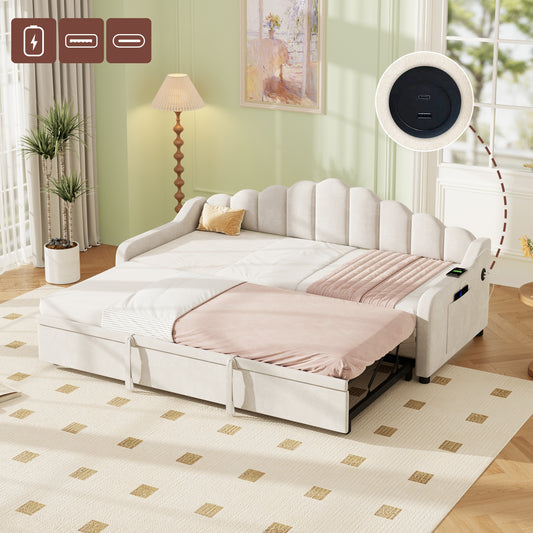 3ft Single Daybed With Pull-out Trundle, Velvet Upholstered Sofa Bed With Side Charging Station & Storage Pockets, Chic Fluted Scalloped Backrest, Beige No Mattress