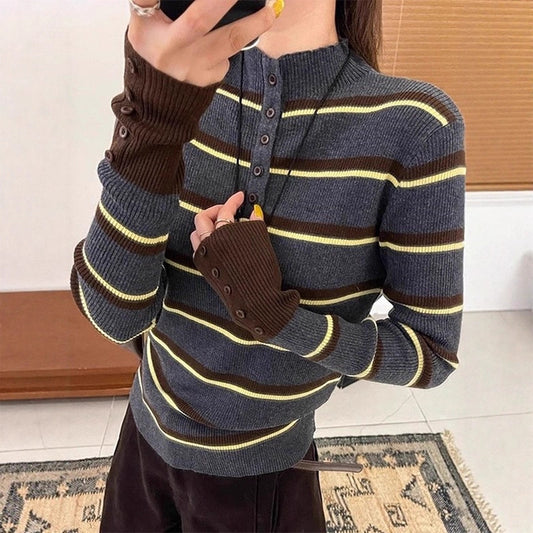 Striped Color-blocking Korean-style Long-sleeve High-end Women's Top