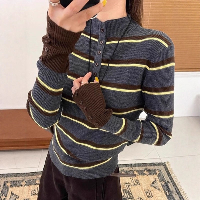 Striped Color-blocking Korean-style Long-sleeve High-end Women's Top