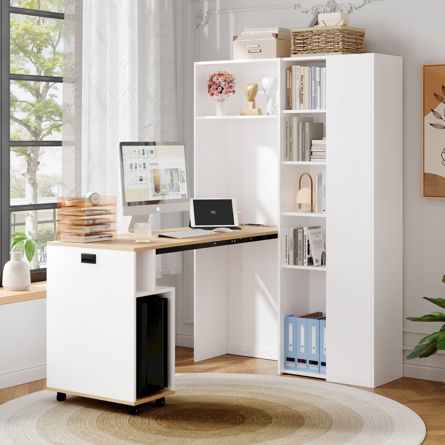 Foldable Desk With Shelves-2-in-1 Bookshelf And Desk, Foldable, With Socket And USB Port, Height-adjustable Shelves, Anti-tilt, White-desk,corner-desk-right