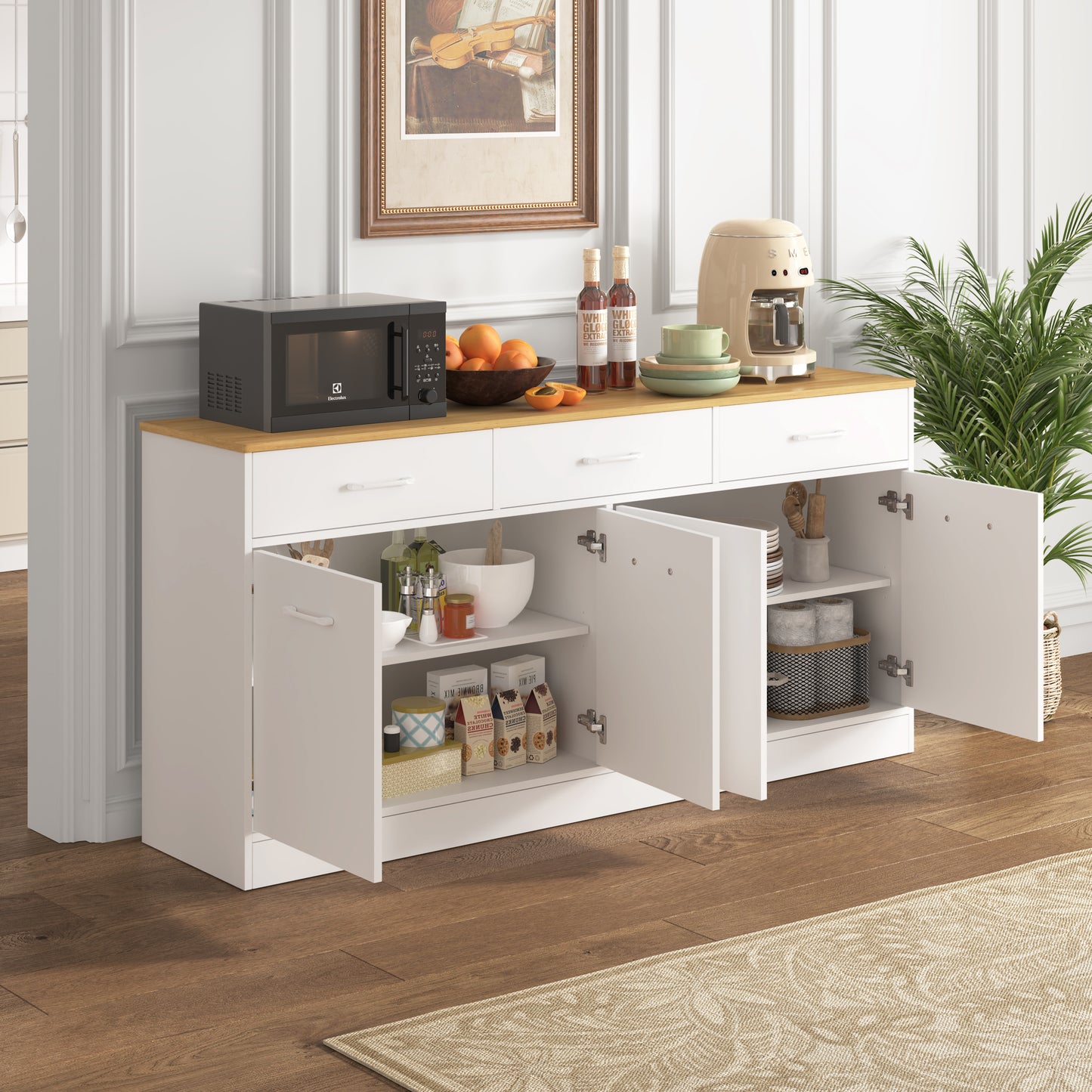 Kitchen Cabinet Sideboard With 3 Drawers & Adjustable Shelves, 160cm Kitchen Island With Wood Look Worktop, White, 76.5x160x37cm
