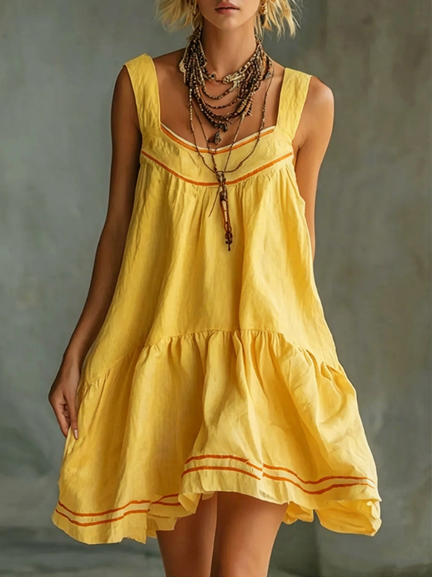 New Retro Casual Chic Embossed Comfortable Solid-color Cotton-linen Mini Slip Dress