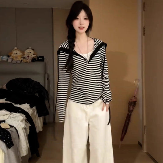 Korean-style Premium Striped Hooded Long Sleeve