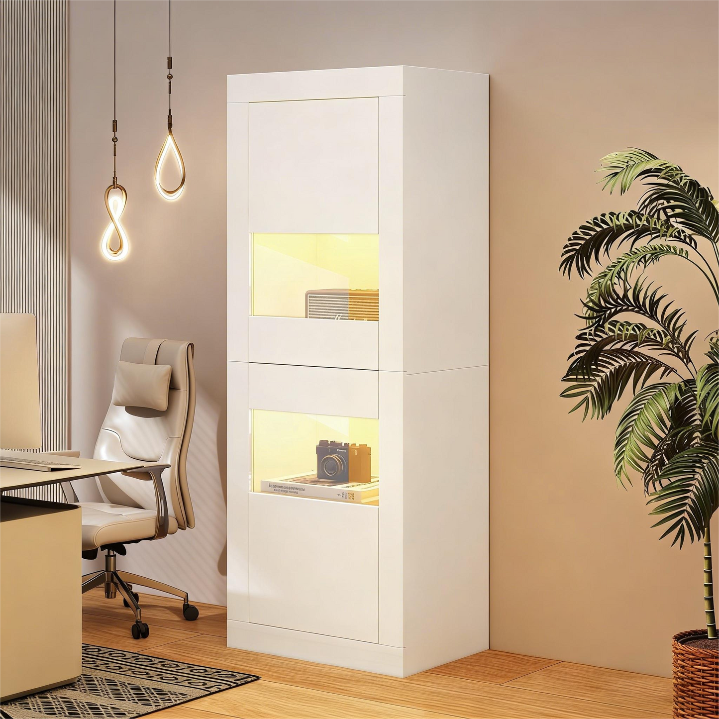White Display Cabinet With LED Lighting, 1 Glass Shelf, Display Cabinet, Freestanding Display Cabinet, Tall Cabinet, Storage Cabinet.