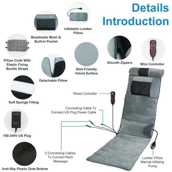 Full Body Electric Massage Mat With Heat Vibration Massage Pad Cushion Back Massage Mattress Chair Pad With Neck Massager Lumbar Pillow With 10 Vibration Motors 3 Timers Anti-Slip Bottom Earplugs