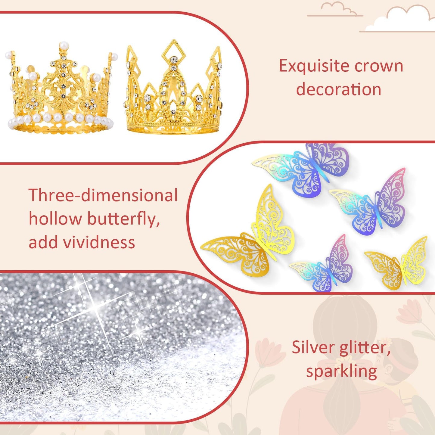 Flower Bouquet Accessories Set 24pcs 3D Hollow Butterflies 2pcs Gold Crowns 2 Tubes Of Sliver Glitter Powder,Mini Crowns For Mothers Day Cake Decoration Flower Accessories For Wedding Party