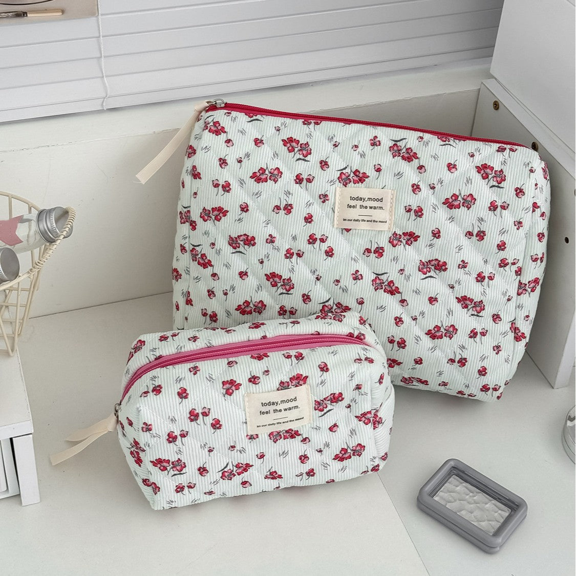 New Corduroy Green Floral Makeup Bag