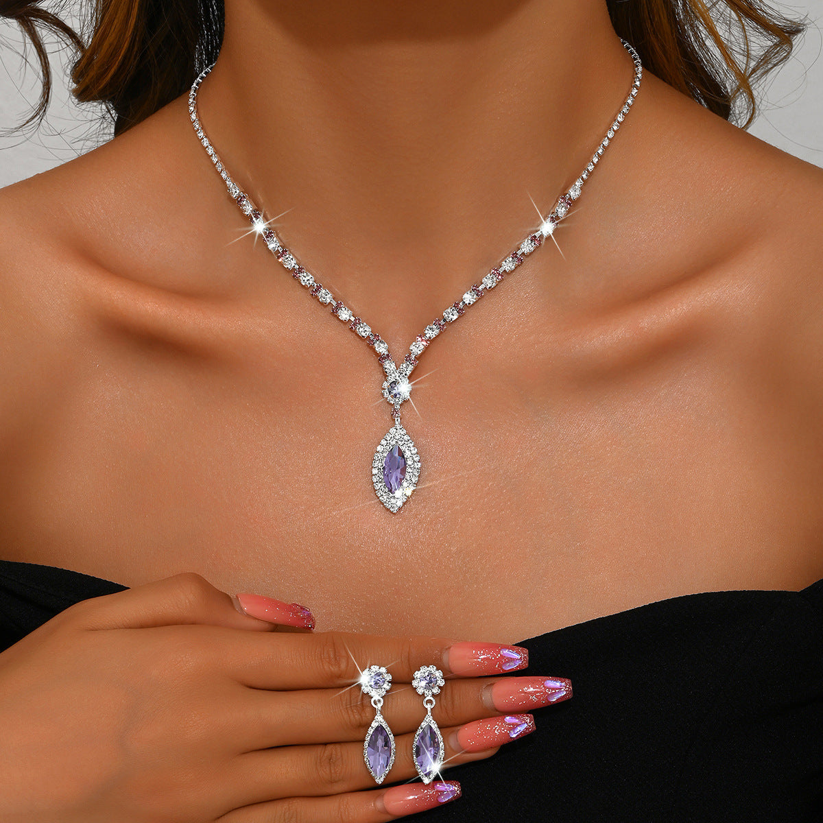 Cross-Border Hot-Selling Claw Chain Jewelry Set, Fashionable Full Diamond Angel's Tears Pendant Necklace And Earrings Two-Piece Set Accessories