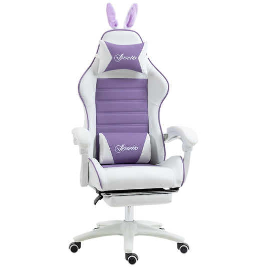 Vinsetto Racing Gaming Chair, Reclining PU Leather Computer Chair With Removable Rabbit Ears, Footrest, Headrest And Lumber Support, Purple