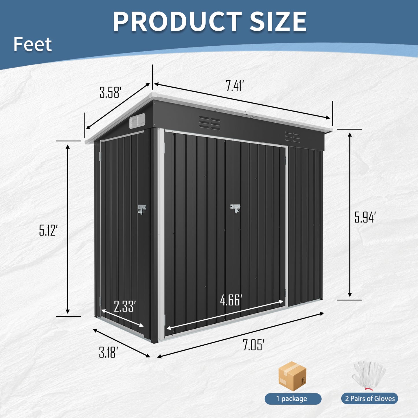 4 X 8 FT Galvanized Steel Outdoor Storage Shed With 3 Access Doors, Ventilated Weatherproof Metal Utility Shed For Garden Tools, Bikes & Patio Equipment,Black 3.58x7.41 Ft