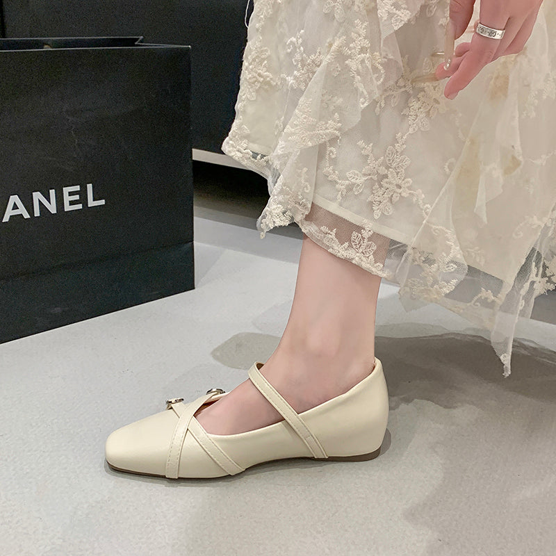 2026 Spring Summer New Women's French Square Toe Mary Jane Flats With Hidden Heel, Elegant Silver Single Shoes With Single Strap Buckle