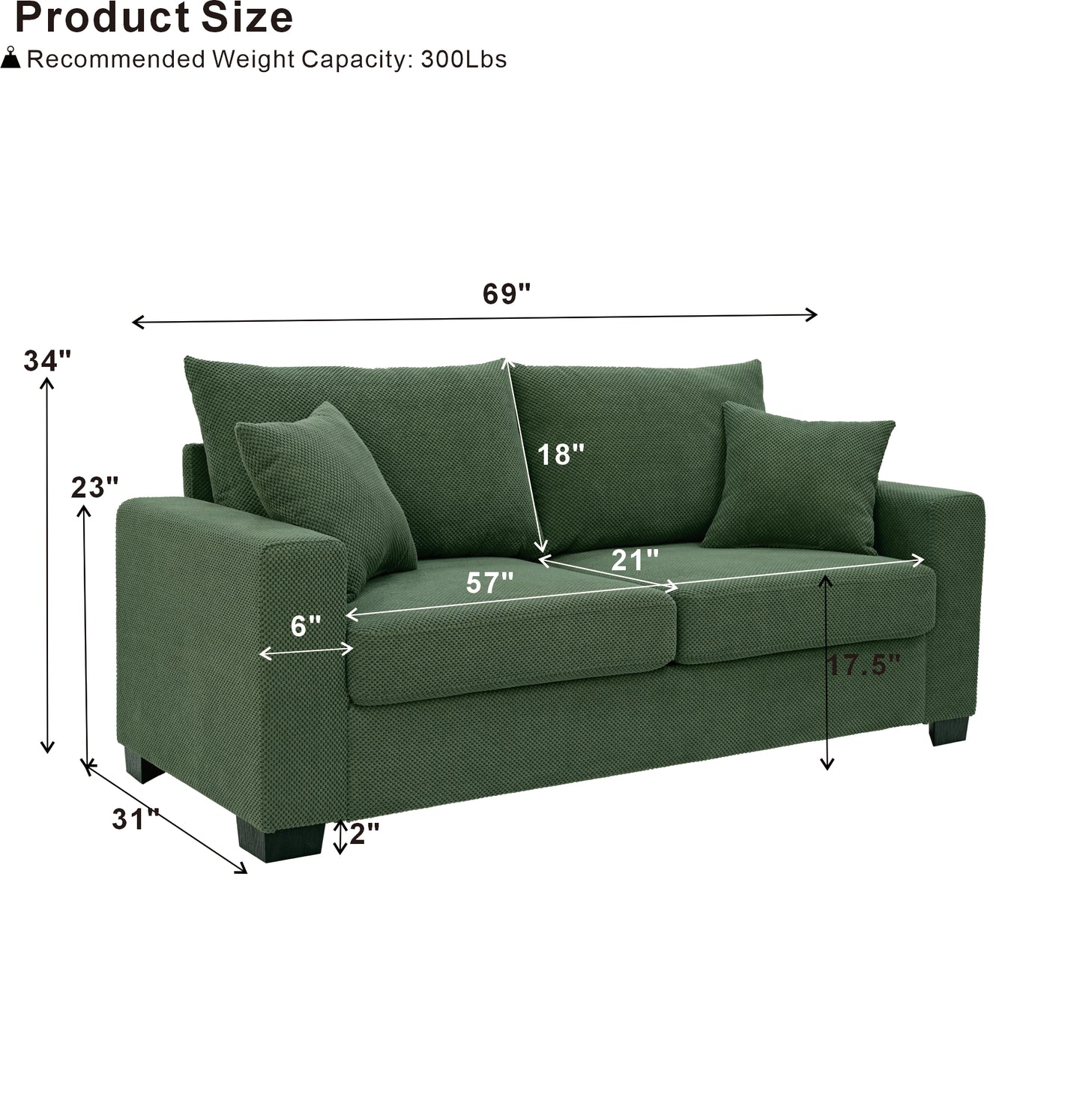 69-inch Two-seater  Sofa With Textured Fabric, Comfortable Upholstered Couch With 2 Throw Pillows And Sturdy Plastic Legs For Living Room, Apartment, Office,  Dark Green
