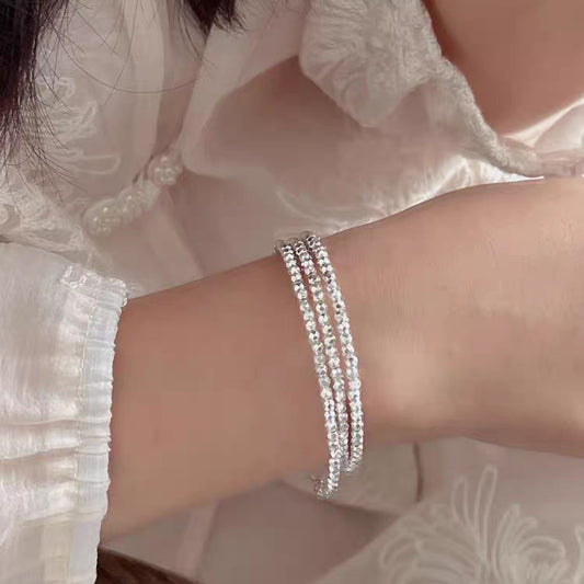 1pc 999 Sterling Silver Triple-Layer Laser Bead Stretch Bracelet, Sparkly Minimalist Style, Perfect For Daily Wear And Valentine's Gift
