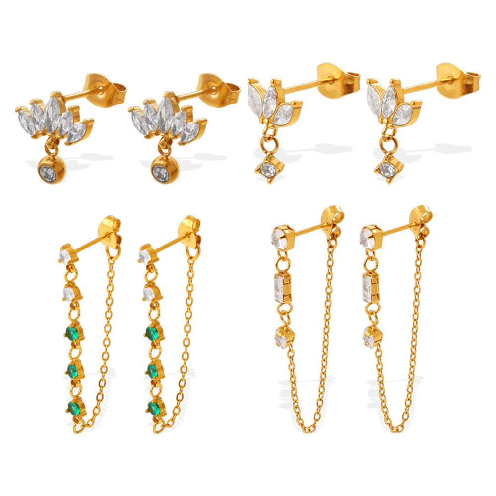 New Fashion Luxury Design Zircon Inlaid Pendant Earrings, Stainless Steel, Korean & Japanese Style Chain Tassel Ear Jewelry