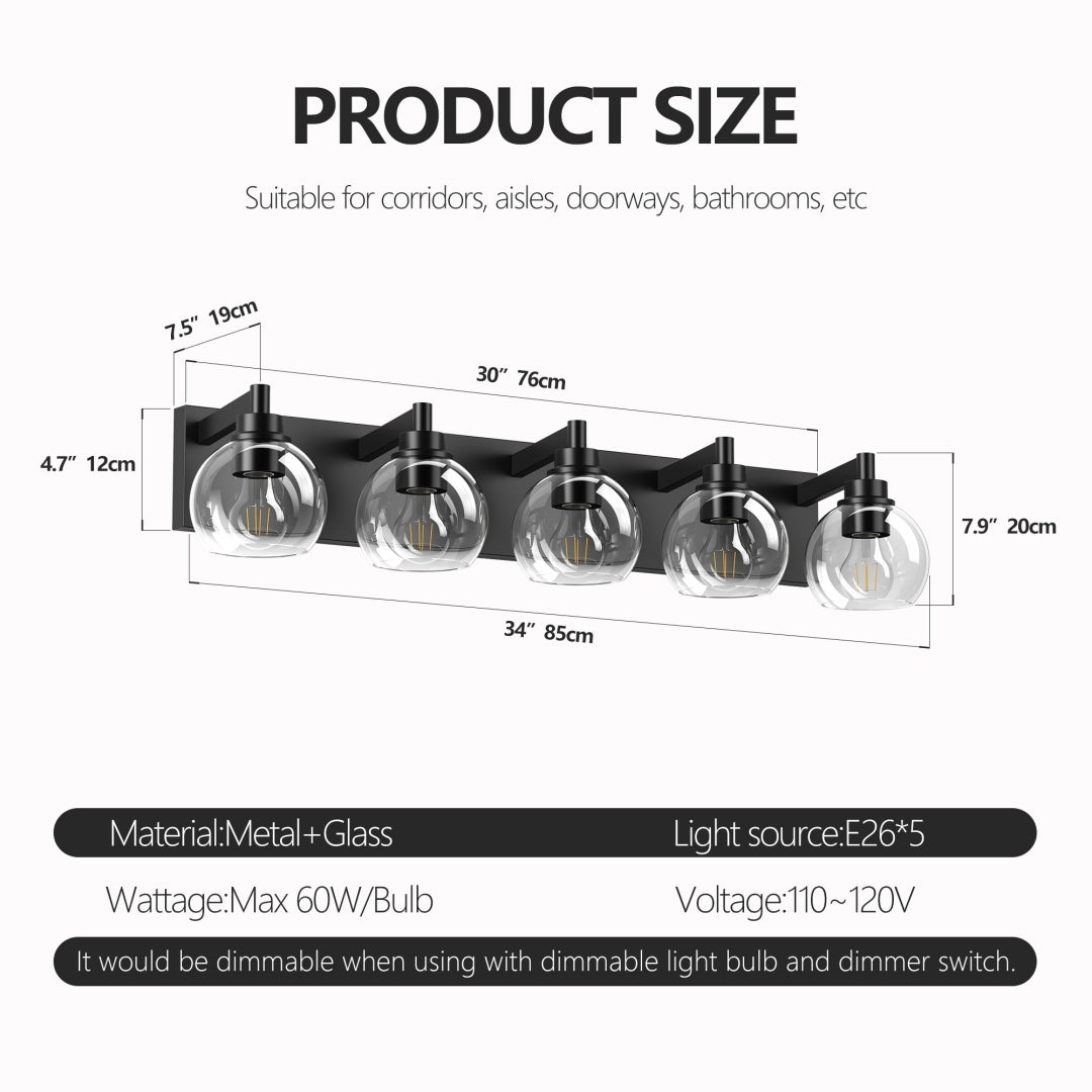Bathroom Light Fixtures Over Mirror 5-Lights Bathroom Vanity Light With Clear Globe Glass Shade Modern Black Vanity Light Wall Sconce Vanity Lighting For Bath  Bulbs Not Included