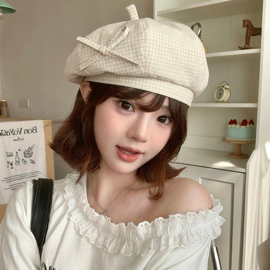 The Summer Women's Small Grid Bow Tie Simple And Elegant Style Beret Is Suitable For Outdoor Walking, Shopping And Photo-taking.