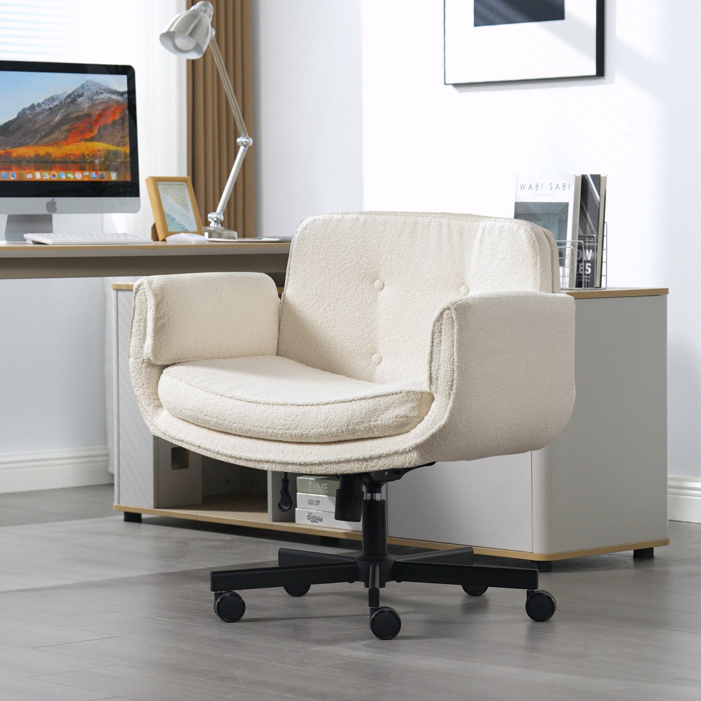 Criss Cross Chair With Adjustable Armrests & Wheels & Headrest, Lounge Vanity Desk Chair With Wide Seat For Cross-Legged Sitting, Swivel Task Office Chairs For Home, Makeup, Gaming, Office, Ivory