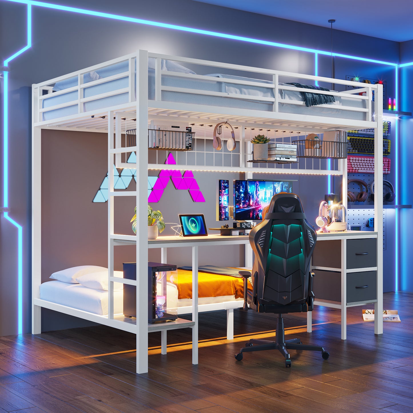 Loft Bed, 90x200 And 140x200, Iron Frame, Drawers, Shelves For Objects, Grid For Hanging Objects, Desk, With 7-color LED Bar, USB Port, Without Mattress, White