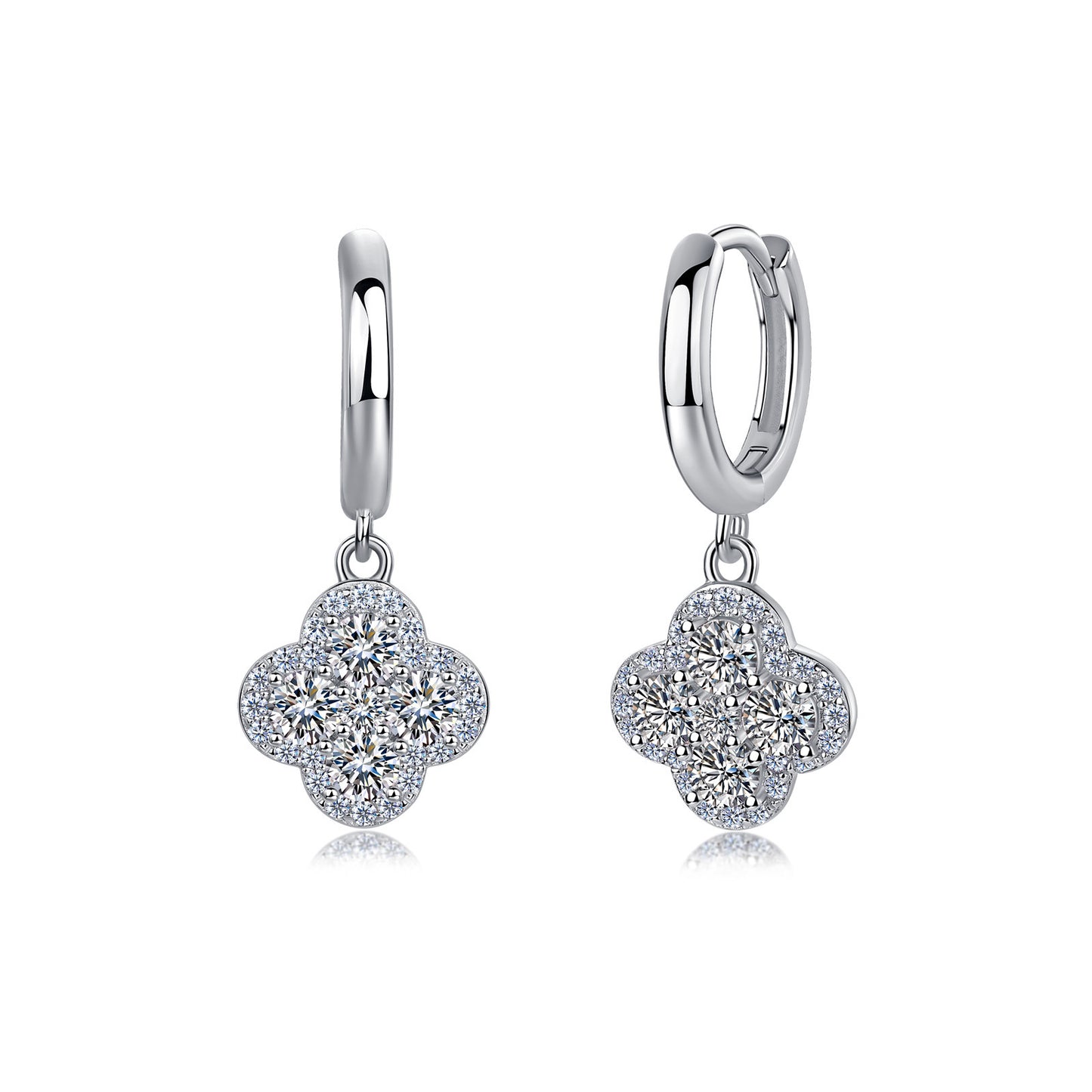 S925 Sterling Silver Four-Leaf Clover Hoop Earrings, D-VVS1 Moissanite Cluster Drop Earrings, Platinum Plated 2.9g Women's Jewelry Gift Box