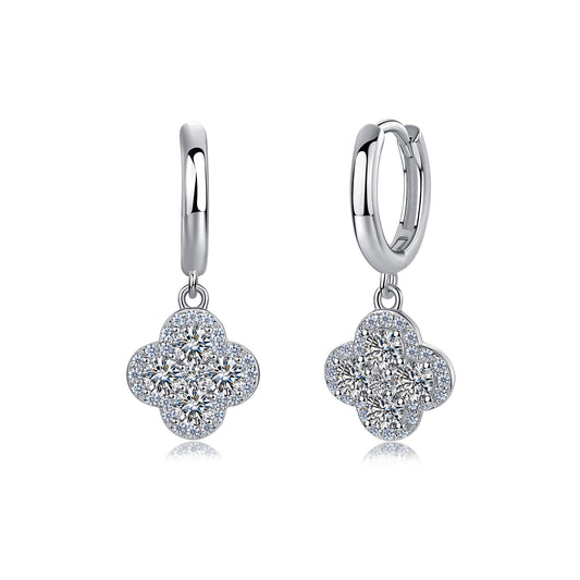 S925 Sterling Silver Four-Leaf Clover Hoop Earrings, D-VVS1 Moissanite Cluster Drop Earrings, Platinum Plated 2.9g Women's Jewelry Gift Box