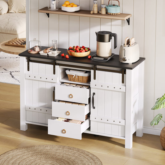 Buffet Cabinet With Storage, 120 Cm Wide Side Cabinet With Sliding Doors And 3 Drawers, Rustic Wooden Coffee Bar Buffet Table, Suitable For Kitchen, Dining Room And Living Room, White