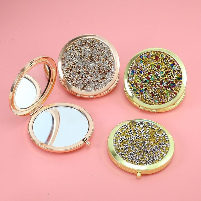 Crystal Stick-on Crystals Makeup Round Double-sided Portable Pocket Mirror