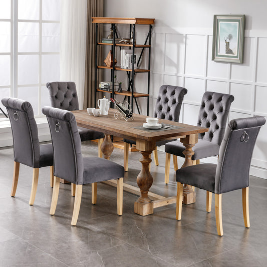 Velvet Dining Chairs Set Of 6 With Oak Legs, Knob, Chrome Knocker Bedroom Chair Kitchen Chair Living Room Lounge Leisure Chair, Gray
