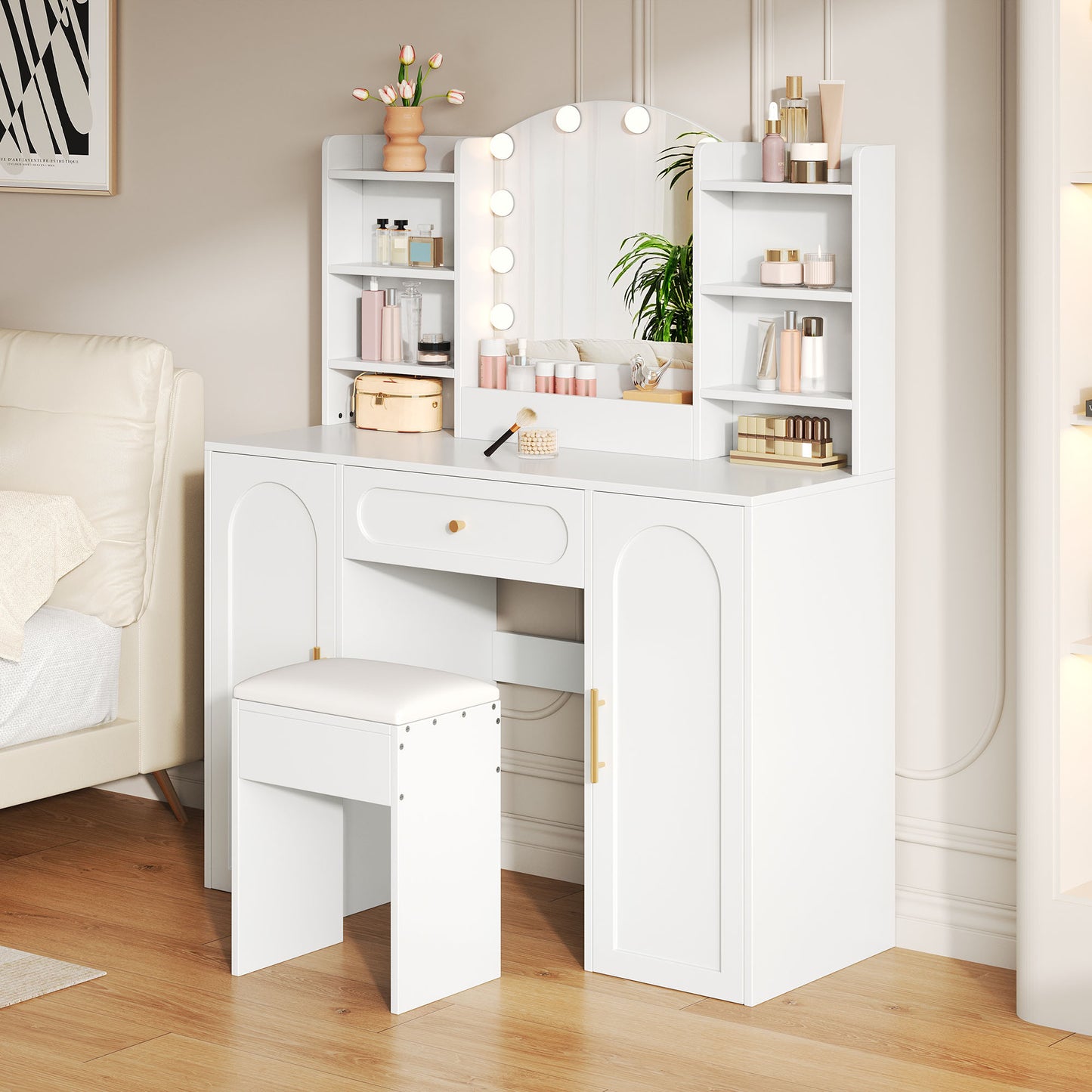 Vanity Table With Adjustable LED Lighting, Mirror And Stool, Featuring 1 Drawer And 2 Cabinet Doors, Modern Style, Perfect For Bedroom, Dimension110 X 40 X 132 Cm