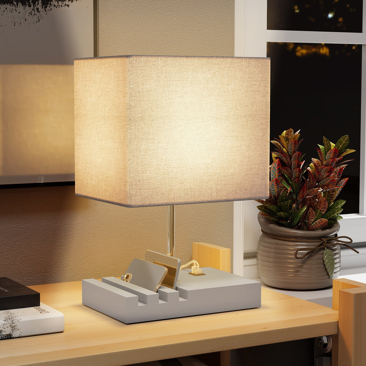 Bedside Lamp With USB A+C Charging Ports And 3 Phone Stands, Modern Table Lamp With Solid Wood Base And Fabric Shade For Bedroom Living Room Office, E27 Socket, Bulb Not Included, Grey