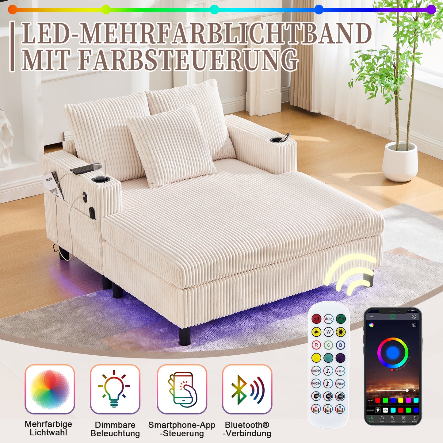 Spacious, Soft Chaise Longue Recliner With Side Cup Holders, USB Ports, Integrated LED Ambient Lighting - Perfect For Living Room, Bedroom Or Conservatory