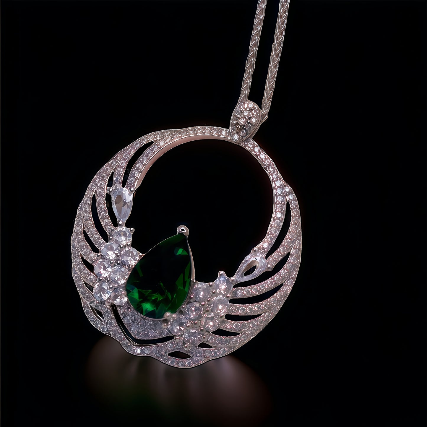 Pear Cut Simulated Emerald Wing Circle Pendant Necklace For Women, Copper Plated Silver Full Pave White Cubic Zirconia Luxury Angel Wing Wedding Bridal Statement Jewelry Gift