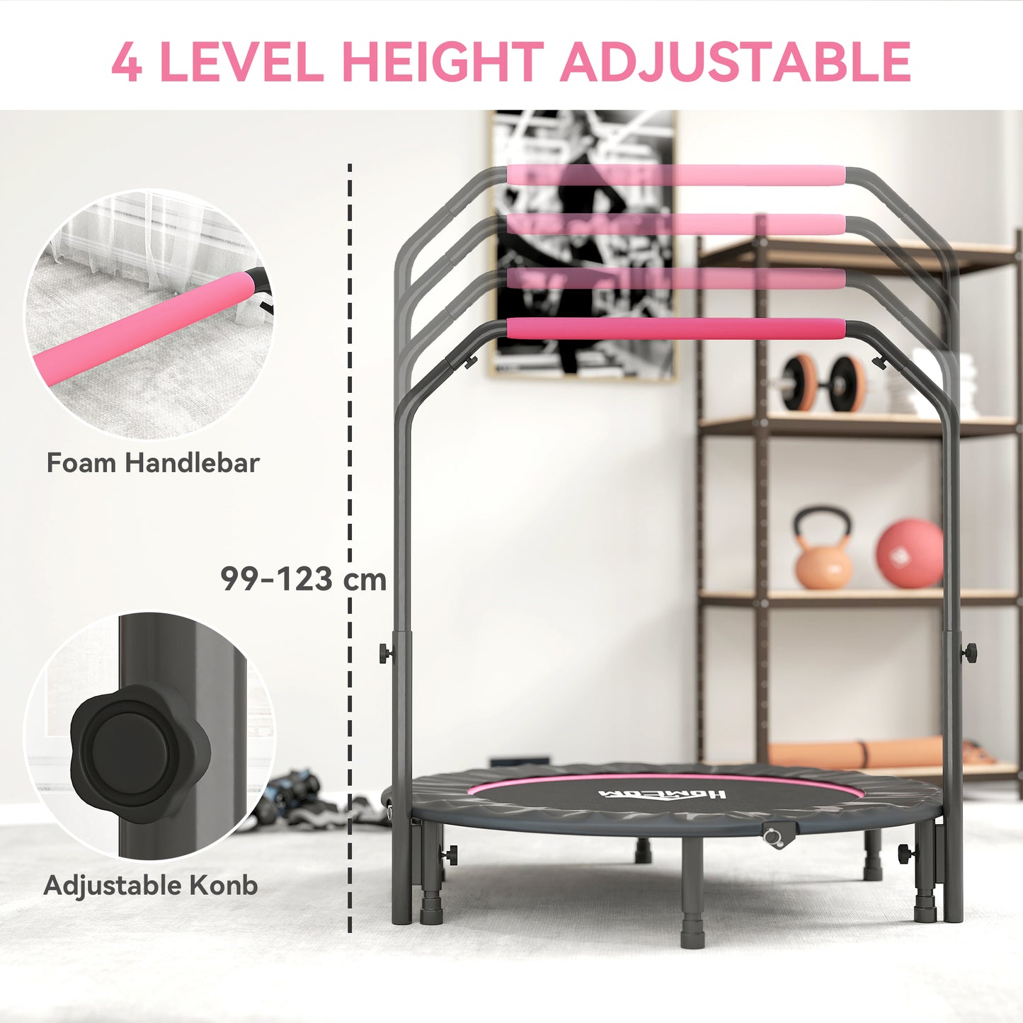 48" Foldable Mini Fitness Trampoline, With Adjustable Foam Handle, Pink