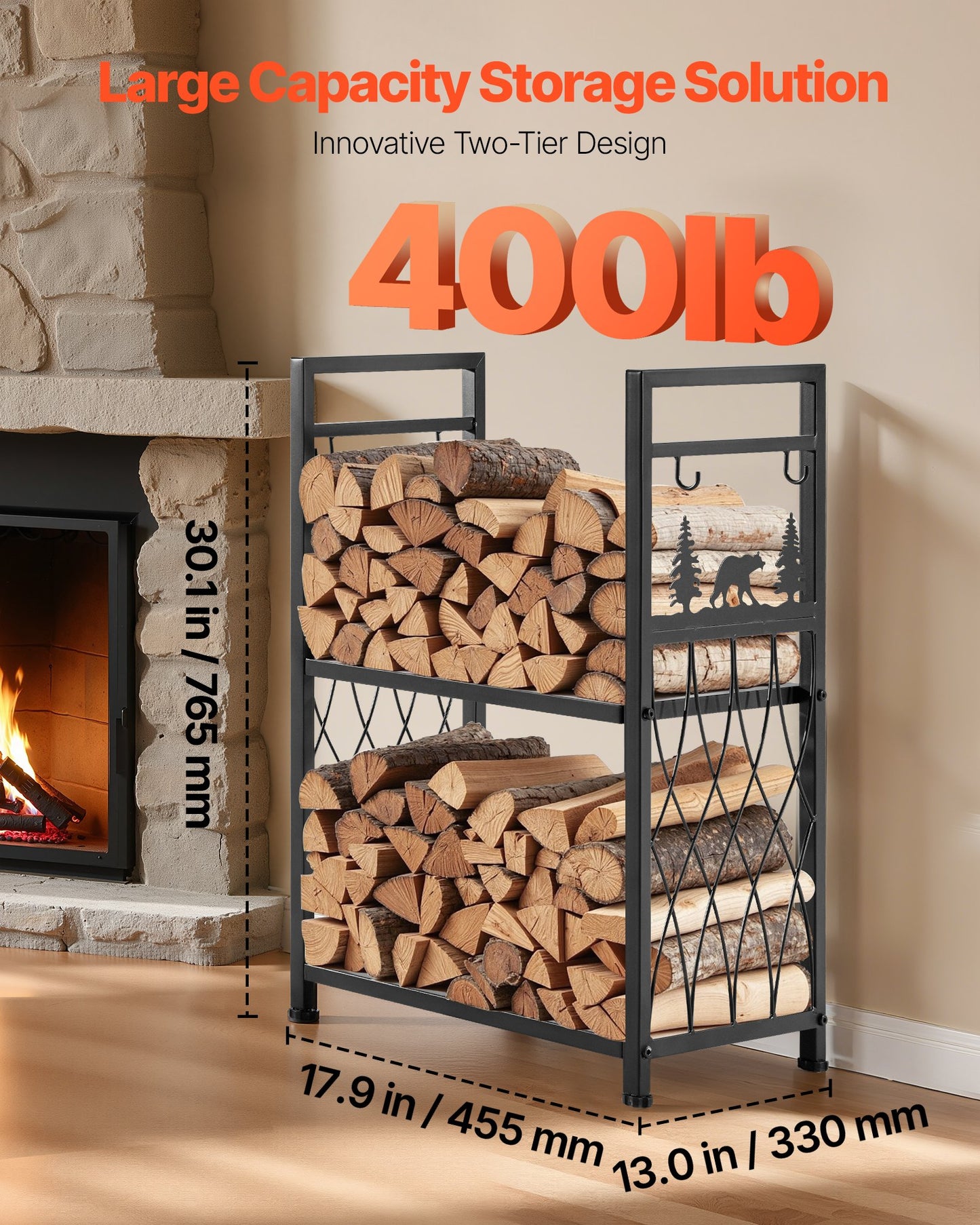 Indoor Firewood Rack, 1.3 Ft 2-Tier Firewood Holder With Fireplace Tools, Brush, Shovel, Poker, Tongs, Heavy Duty Log Wood Rack, 400 Lbs Weight Capacity, Wood Pile Storage Stacker For Fire Pit