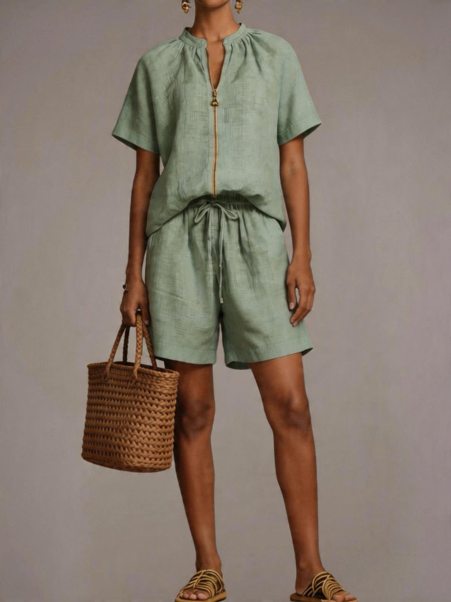 Summer New Solid-color Cotton-linen Short-sleeve Shorts Set