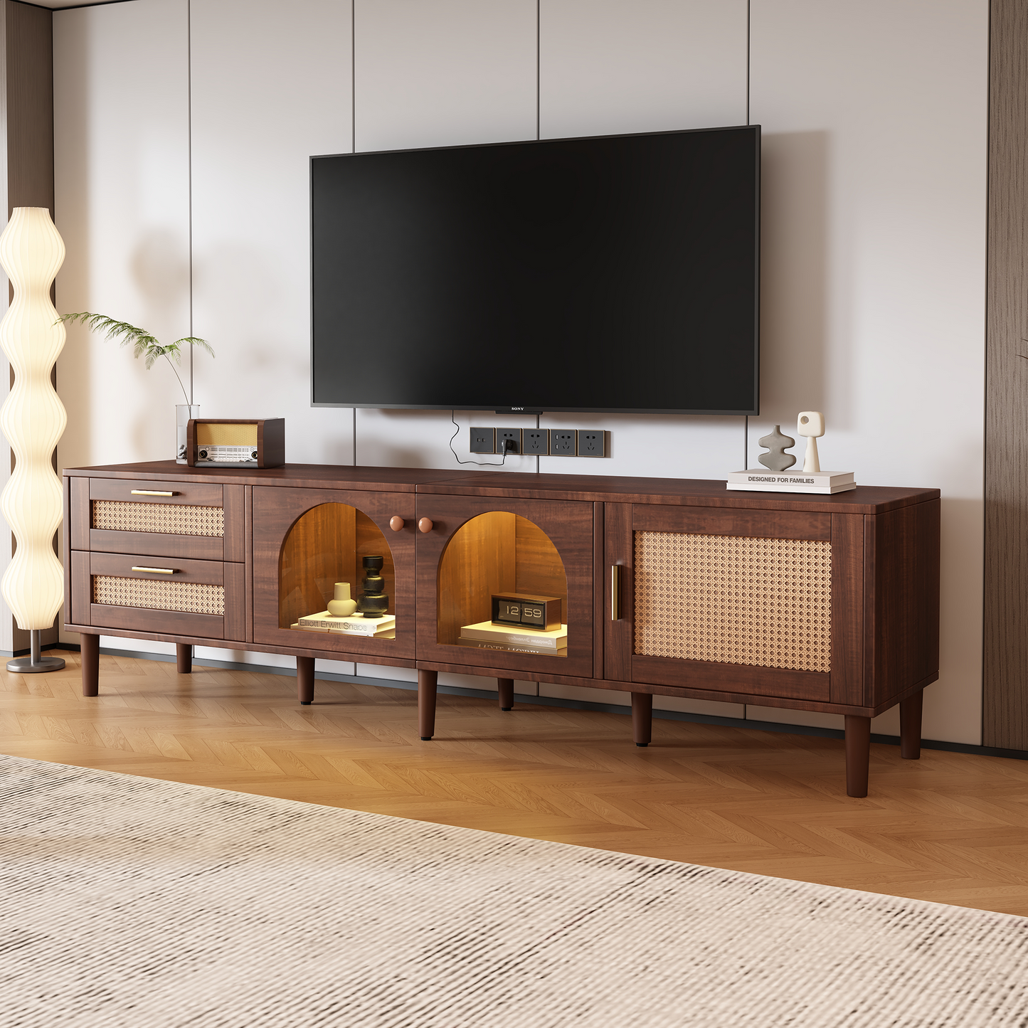180cm Brown TV Cabinet For 80 TV  With 2 Rattan Drawers, 2 Arched Glass Doors And 1 Rattan Door, LED Lighting, Provides Stylish Storage, TV Board