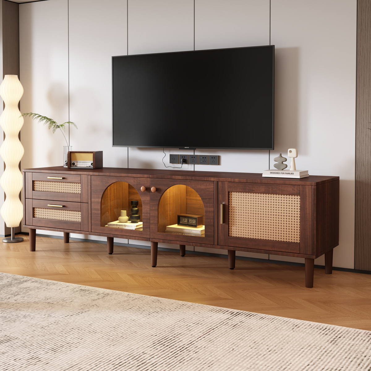 180cm Brown TV Cabinet For 80 TV  With 2 Rattan Drawers, 2 Arched Glass Doors And 1 Rattan Door, LED Lighting, Provides Stylish Storage, TV Board
