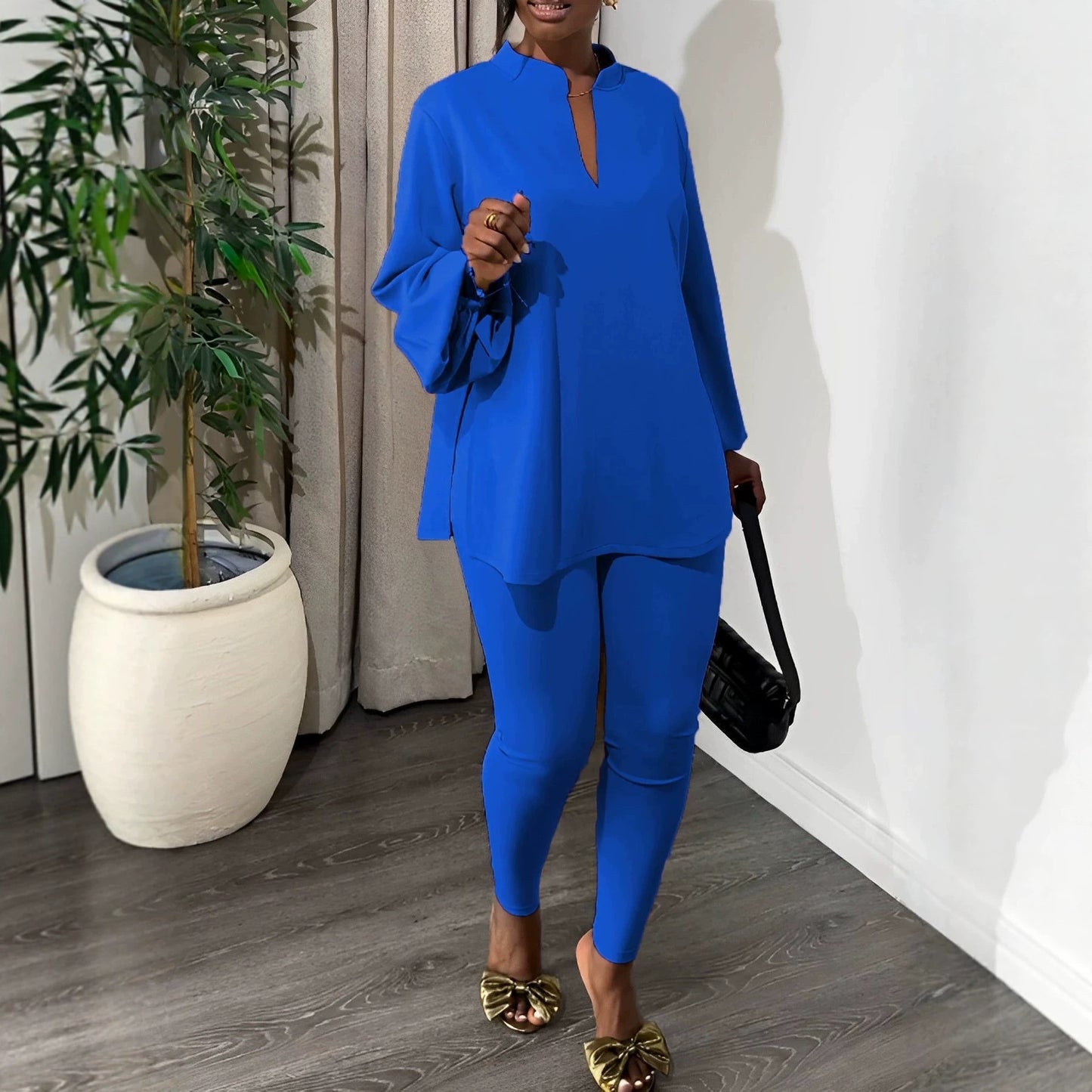 New Solid Color Split V-Neck Top & Skinny Pants Elegant Two-Piece Outfit