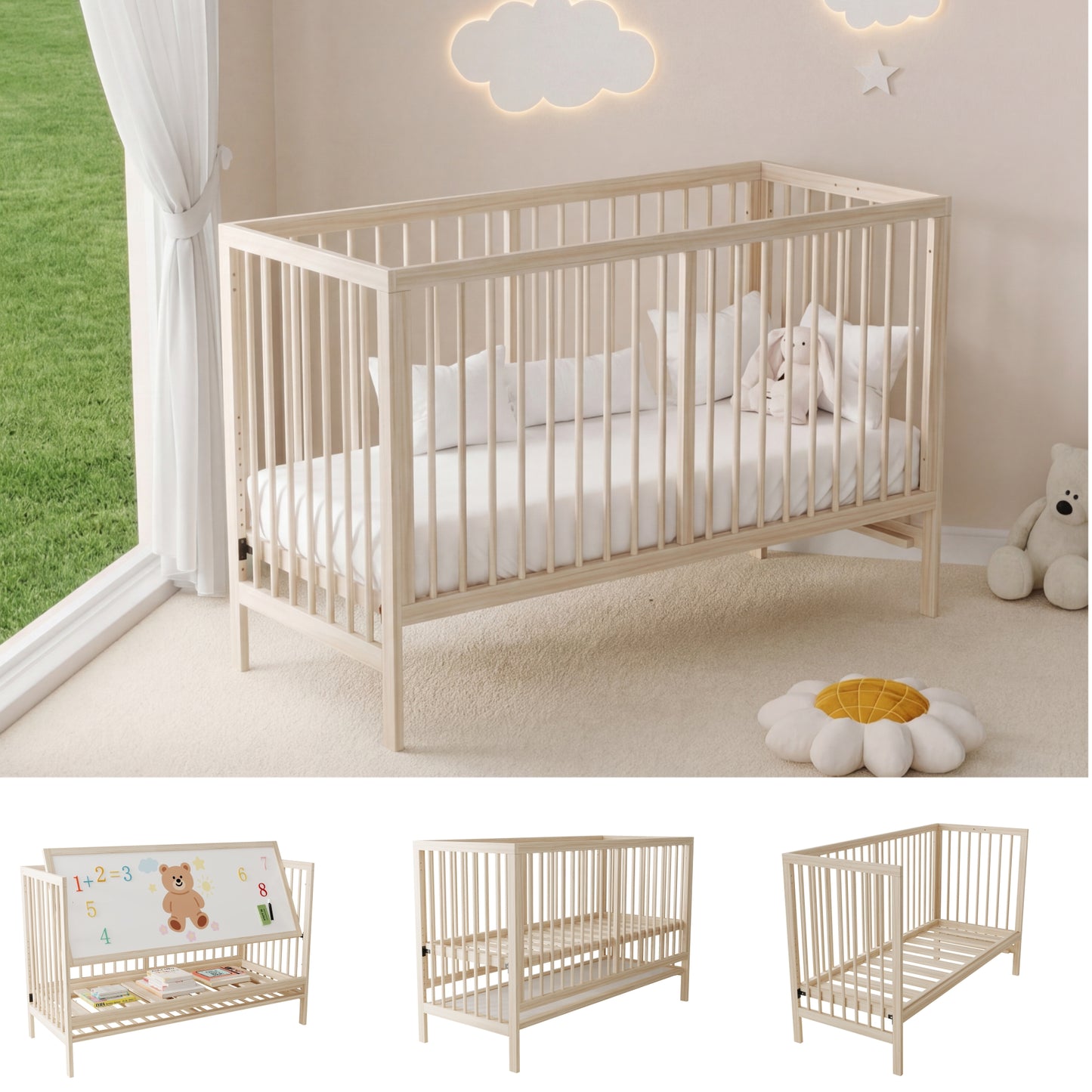 Wooden Baby Bed, Multifunctional Baby Bed, Convertible Into Co-sleeper, Easel & Desk, Multi-level Height Adjustable, Made Of Pine Wood, Natural Wood Colour, Without Mattress, 120x60x90 Cm