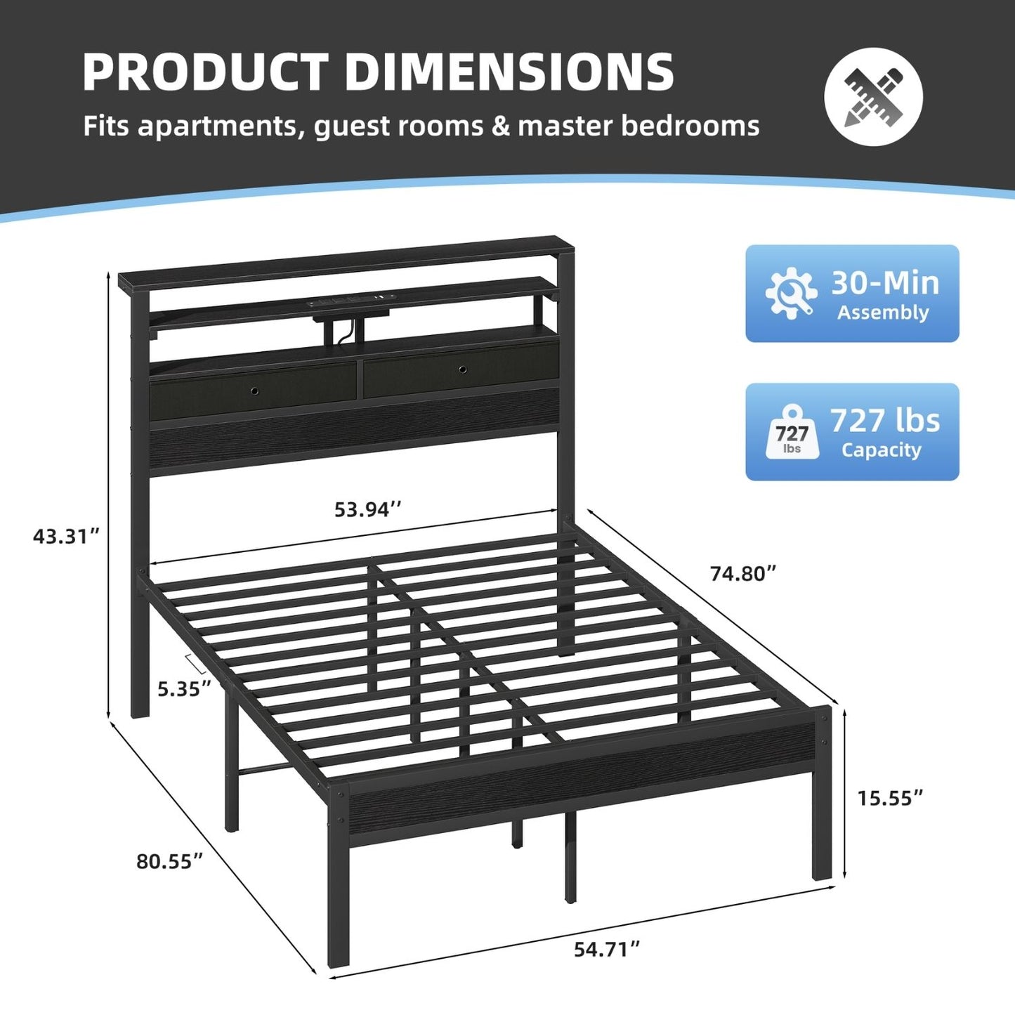Full Bed Frame With Charging Station And LED Lights, Wood Headboard, 2 Fabric Drawers And Storage Shelves, Metal Slats, No Box Spring Needed